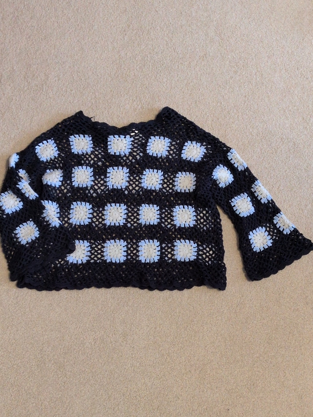 Navy Crochet Square-Pattern Pullover Sweater with White Accents